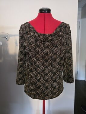 Y2K Libra Black And Gold Metallic Patterned Cowl Neck Top